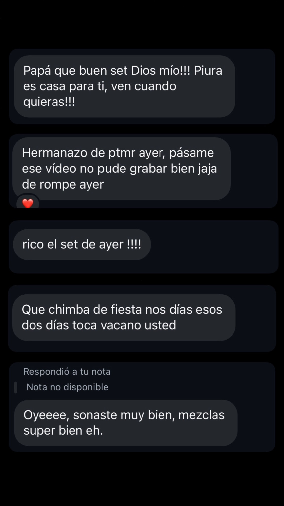 Mensajes recibidos después de un set